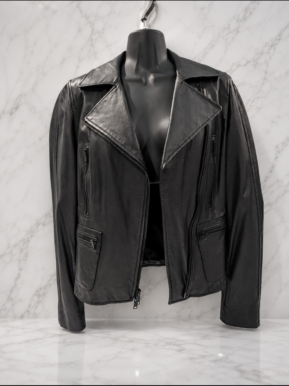 DKNY 100% Lambskin Leather Moto Jacket Black Women’s S Biker Coat